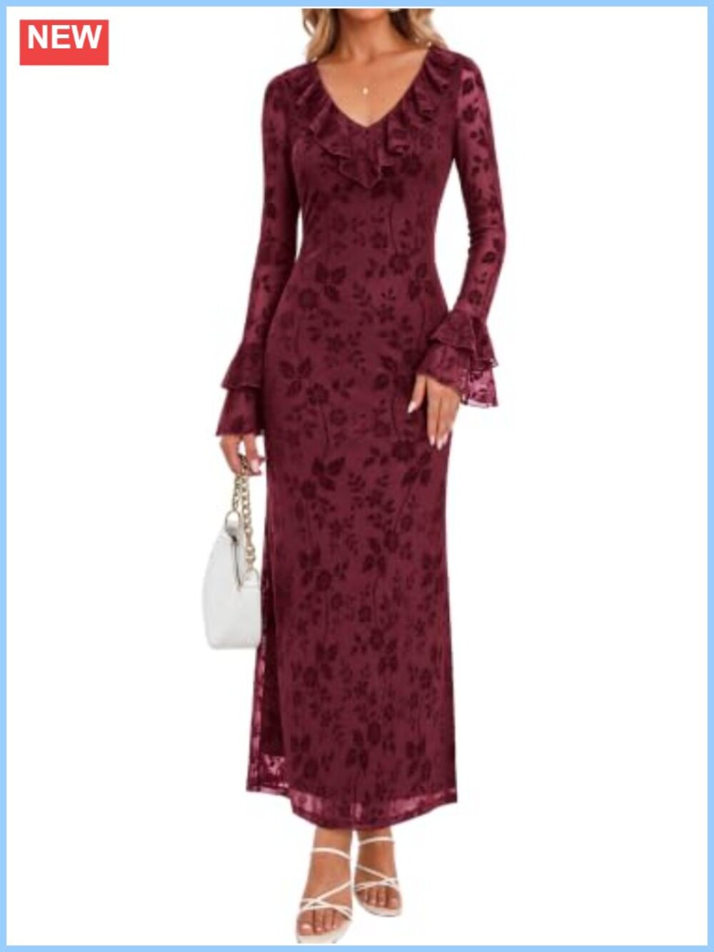 Elegant Floral Bodycon Maxi Dress Ruffle V Neck Wedding Guest